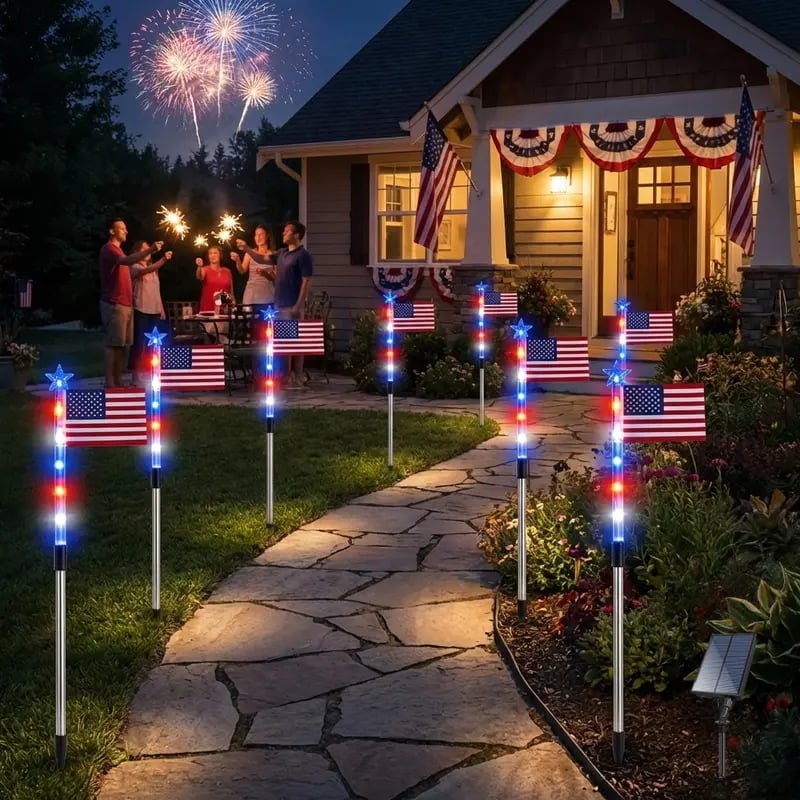 🔥LAST DAY 49% OFF🔥 8 Solar American Flag Pathway Lights Red White & Blue | 4th of July Yard Decor
