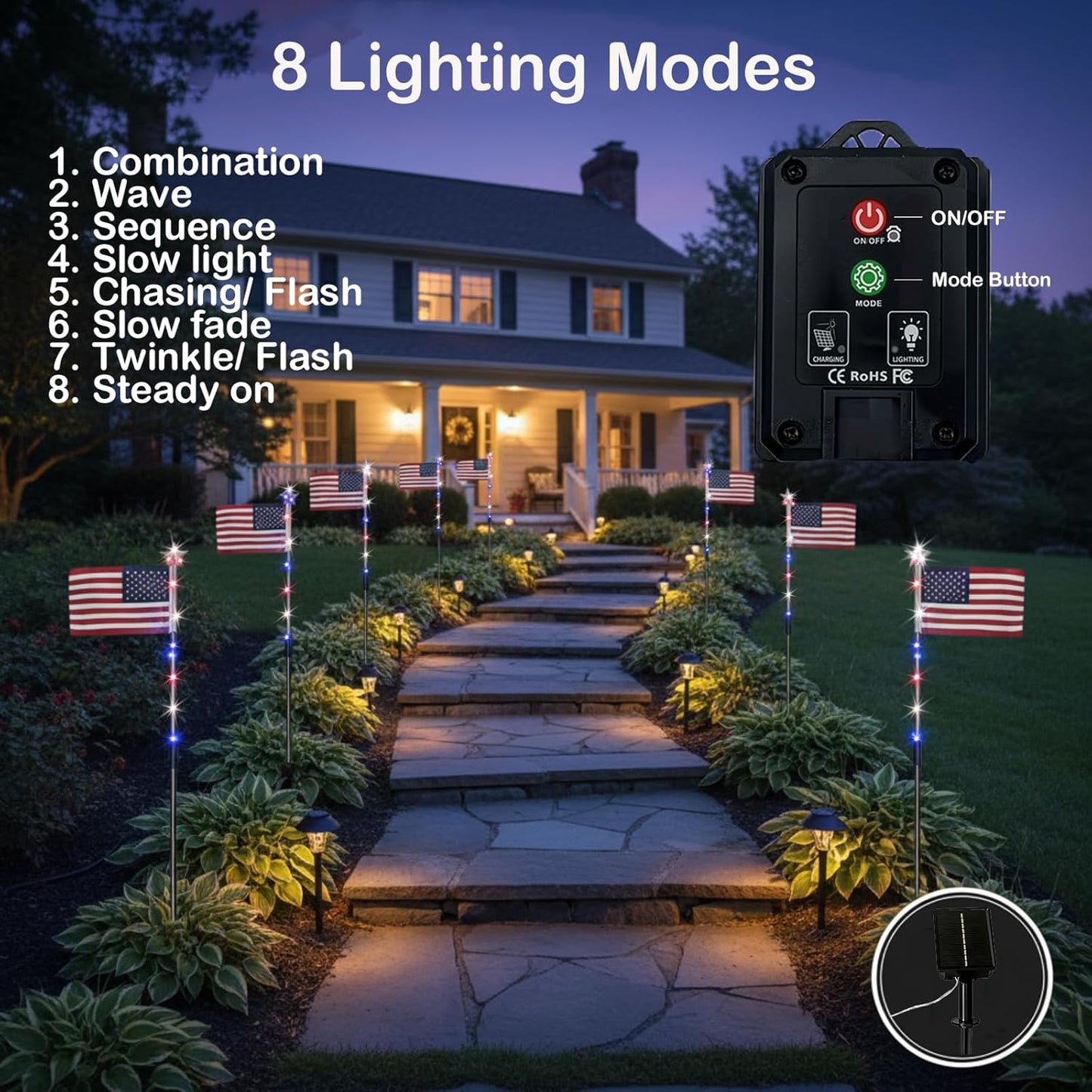 🔥LAST DAY 49% OFF🔥 8 Solar American Flag Pathway Lights Red White & Blue | 4th of July Yard Decor