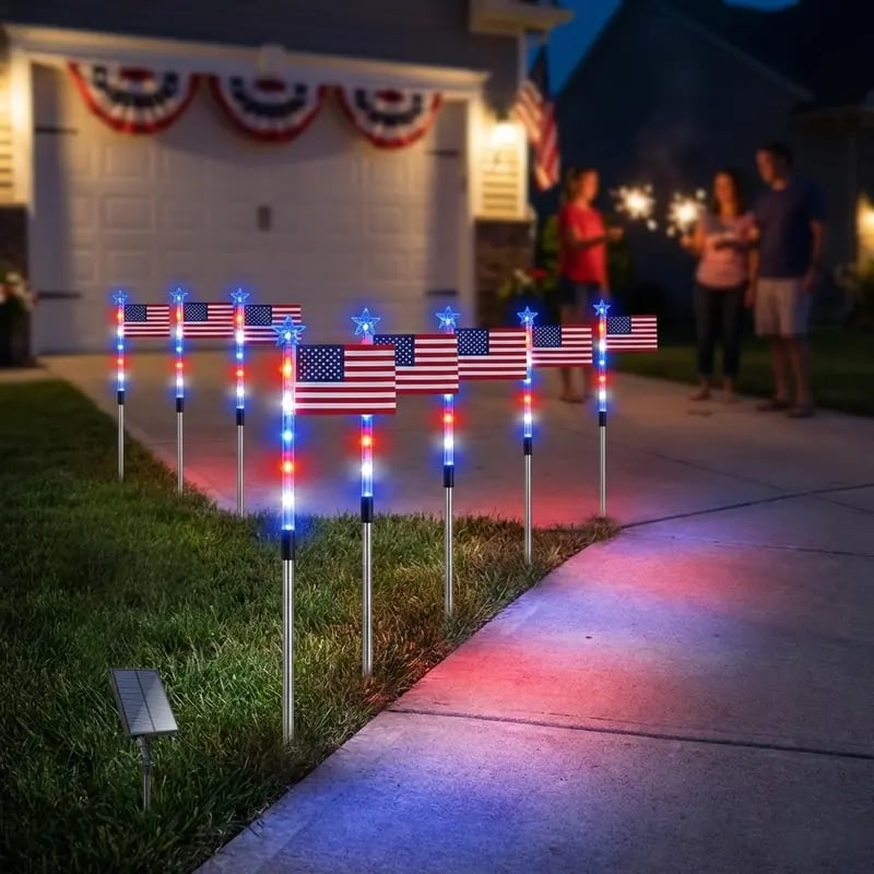 🔥LAST DAY 49% OFF🔥 8 Solar American Flag Pathway Lights Red White & Blue | 4th of July Yard Decor