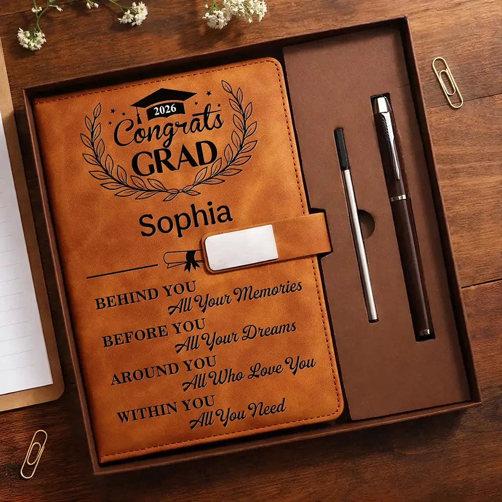 Custom Leather Notebook Set - Personalized Congrats Grad Gift With Name & Year 2026