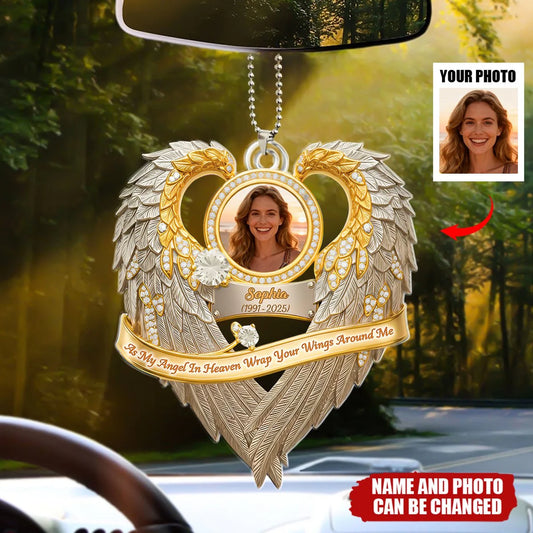 Custom Car Ornament - Personalized As My Angel In Heaven Wrap Your Wings Around Me Custom Photo Memorial Gift