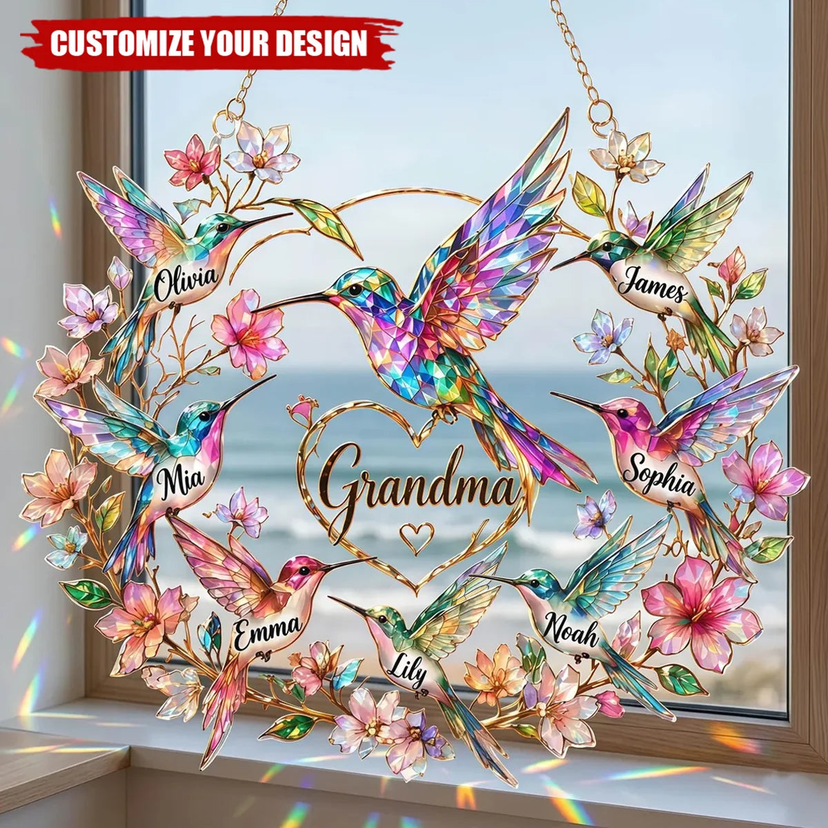 Custom Suncatcher - Personalized Hummingbird & Family Names for Grandma