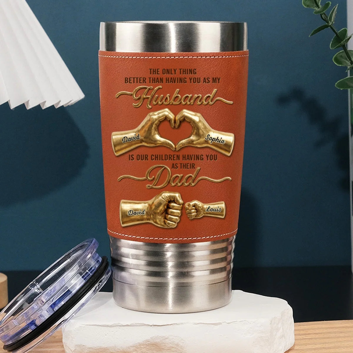 Custom Leather Tumbler - Personalized My Love Their Hero Dad Kids Fist Bump Name Tumbler Gift