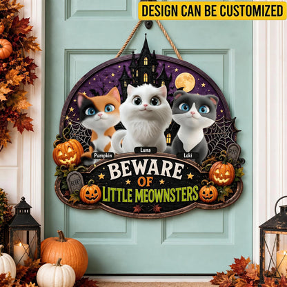 Custom Wooden Sign - Personalized Beware Of Little Meownsters Halloween Cat Haunted House Metal Sign - For Cat Lover & Spooky Decor