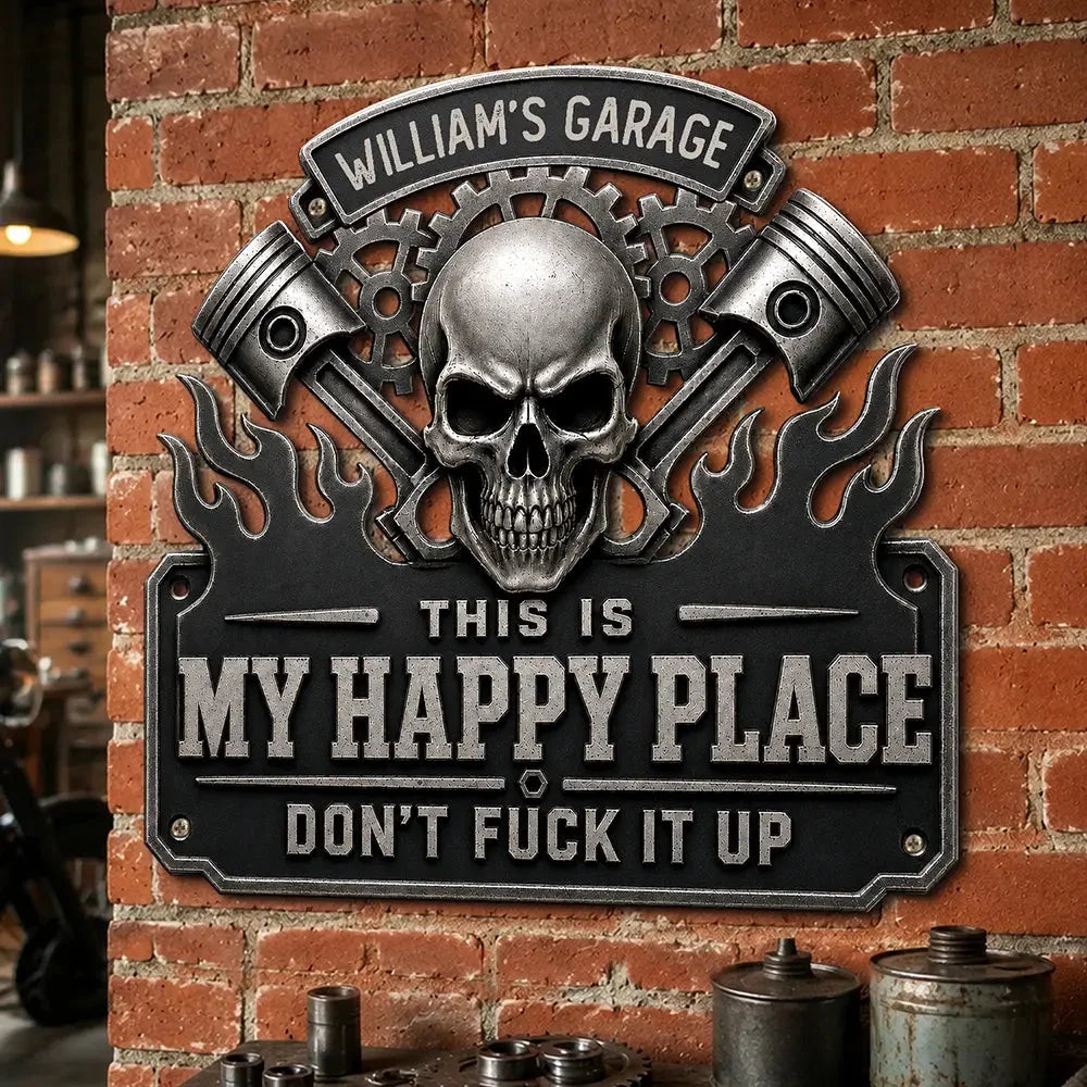 Custom Shaped Metal Sign - Personalized Birthday Gifts For Husband, Son, Grandson, Brother, Grandpa, Dad, Yourself - This Is My Happy Place Garage