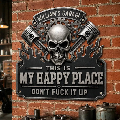 Custom Shaped Metal Sign - Personalized Birthday Gifts For Husband, Son, Grandson, Brother, Grandpa, Dad, Yourself - This Is My Happy Place Garage