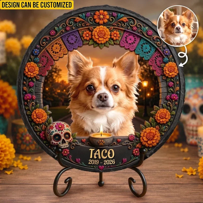 Custom Photo Day Of The Dead Round Shaped Stone With Stand - Personalized Pet Memorial Sympathy Gifts For Dogs, Cats - Your Memory Stays Close