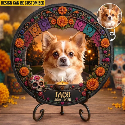 Custom Photo Day Of The Dead Round Shaped Stone With Stand - Personalized Pet Memorial Sympathy Gifts For Dogs, Cats - Your Memory Stays Close