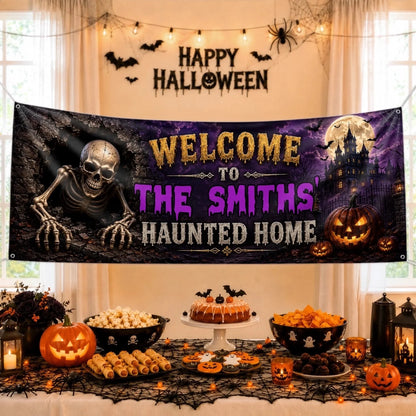 Custom Haunted Home Banner - Personalized Halloween Decor Gifts For Mom, Dad, Brother, Sister - Our Family Is Spooktacular