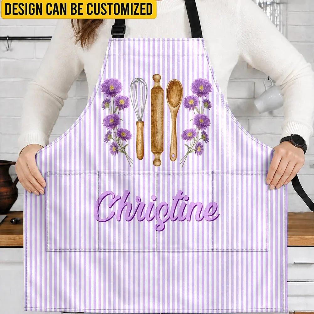 Birth Flower Striped Pattern - Personalized Apron