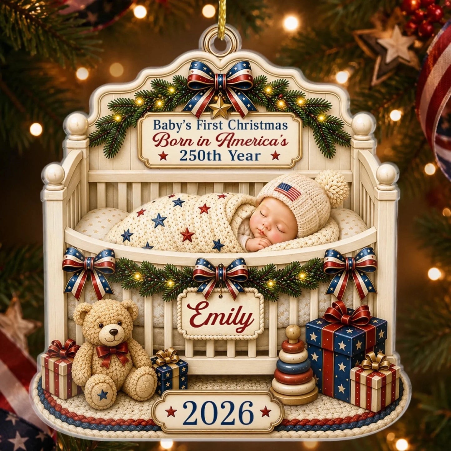 Custom First Christmas Acrylic Ornament - Personalized America 250th Anniversary Christmas Gifts For New Moms, New Dads, New Parents - Wrapped In Love And Freedom