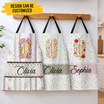Custom Apron - Personalized Birth Month Flower Custom Name Vintage Floral Kitchen Apron - For Mom & Birthday Gifts For Her