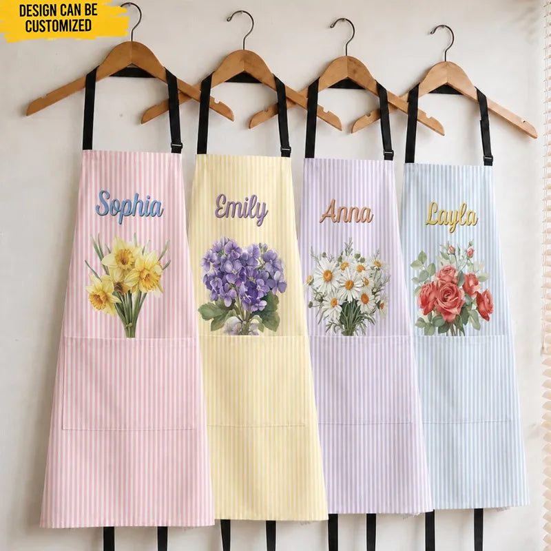 Custom Apron With Pocket - Personalized Birthday Gifts For Wife, Daughter, Besties, Sisters, Granddaughter, Grandma, Mom, Yourself - My Favorite Floral Kitchen Piece