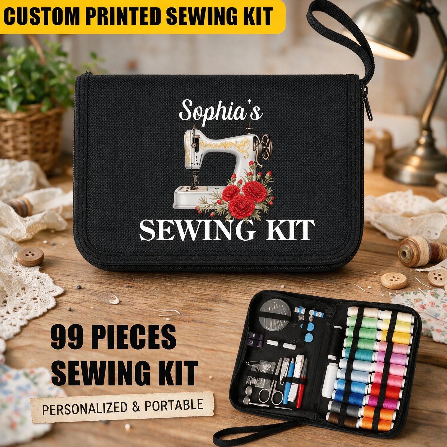 Custom Sewing Tool Set - Personalized Name Birth Month Flower 99 Piece Sewing Kit Vintage Sewing Machine Bag - For Sewing Lover & Crafter Gifts