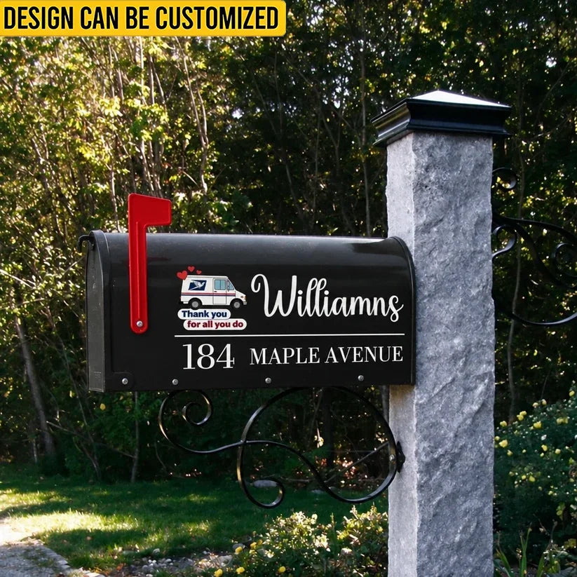 Personalized mailbox decal printed with your house number, street and name📮. Features warm thank‑you words for your mail carrier. Durable for outdoor use. Perfect appreciation gift to honor your hard‑working postal worker.