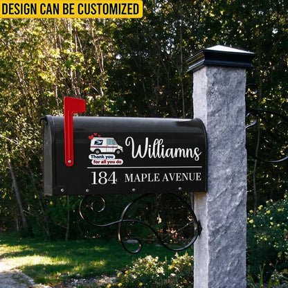 Personalized mailbox decal printed with your house number, street and name📮. Features warm thank‑you words for your mail carrier. Durable for outdoor use. Perfect appreciation gift to honor your hard‑working postal worker.