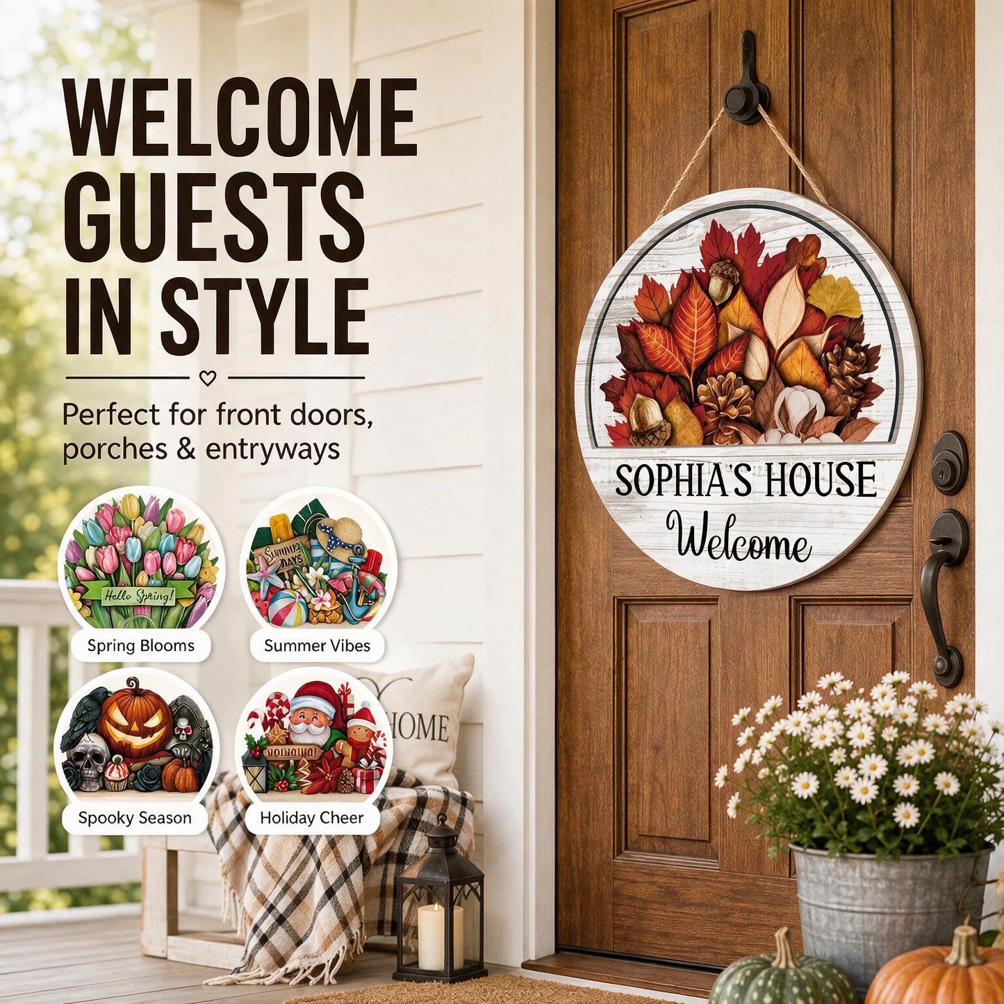 Custom Wooden Sign - Personalized Family Name 16 Pcs Interchangeable Seasonal Round Wood Door Sign Welcome - For Home Decor & Housewarming Gifts