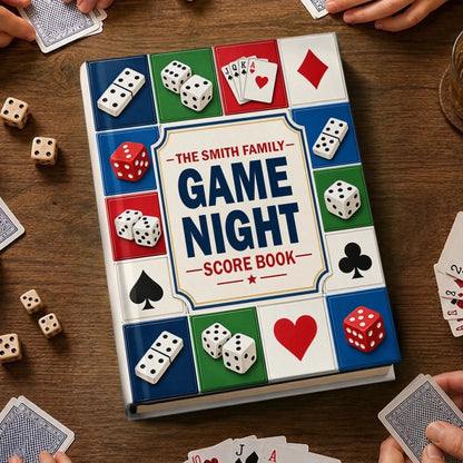 Custom Game Night Hardcover Journal - Personalized Birthday Gifts For Mom, Dad, Brother, Sister - Card And Dice Score Tracker