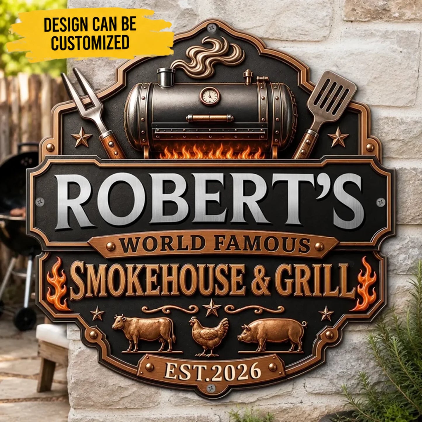 Custom BBQ Shaped Metal Sign - Personalized Grilling Gifts For BBQ Lovers, Husband, Son, Grandson, Brother, Grandpa, Dad, Yourself - Fire Up The Fun