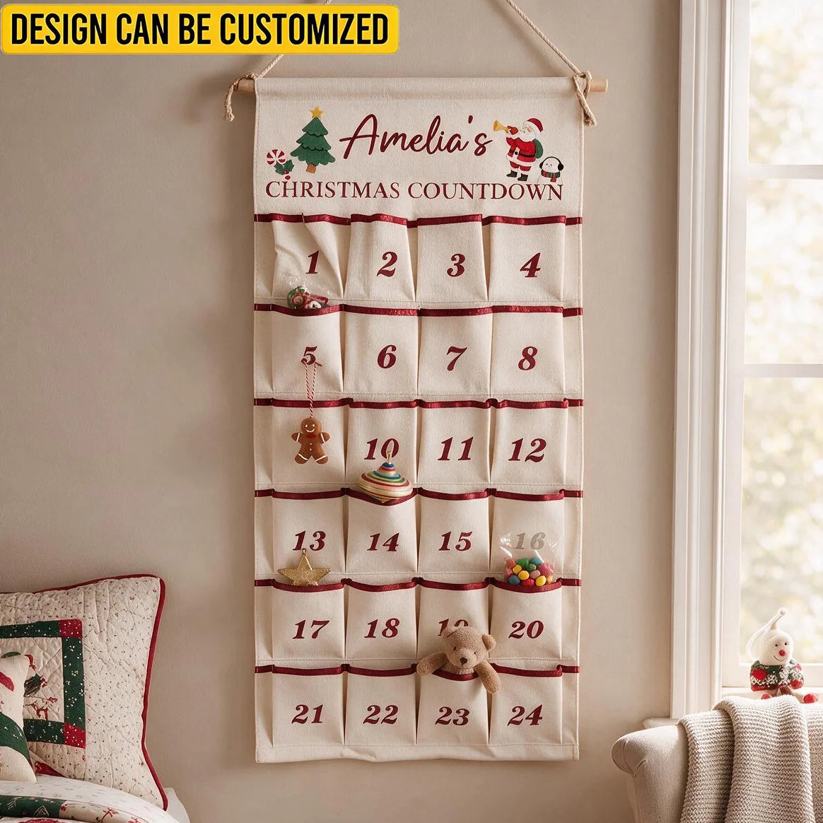 Custom Fabric Advent Calendar - Personalized Name Christmas Countdown Fabric Advent Calendar- for Family Holiday Decor