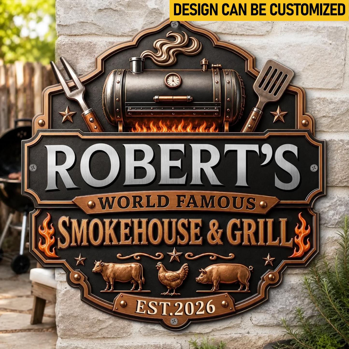 Custom BBQ Shaped Metal Sign - Personalized Grilling Gifts For BBQ Lovers, Husband, Son, Grandson, Brother, Grandpa, Dad, Yourself - Fire Up  Fun