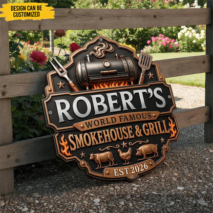 Personalized BBQ metal art sign. Ideal grilling gift for men, backyard patio wall decor, custom name metal plaque for grill lovers.