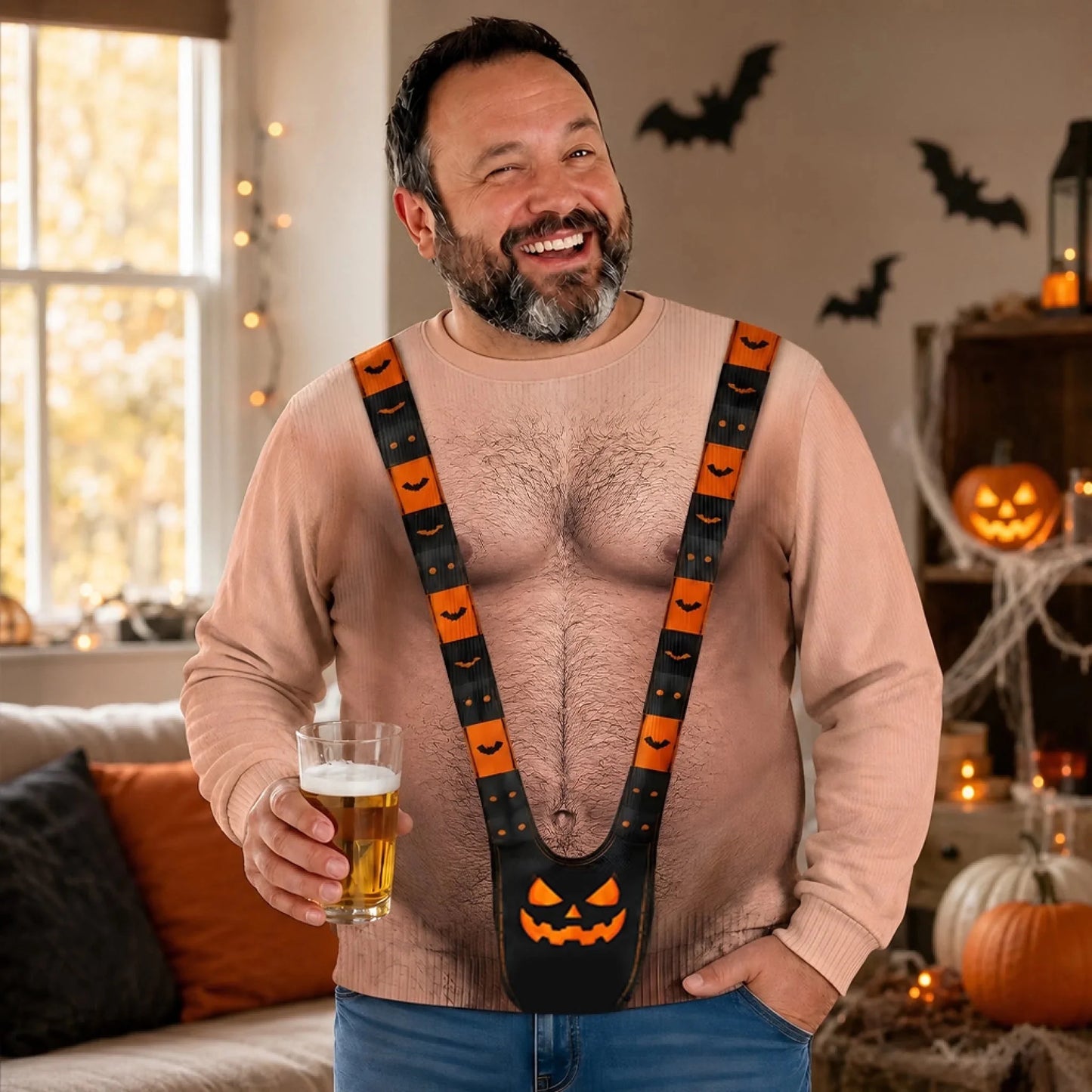 Custom Funny Ugly Sweatshirt - Personalized Halloween Birthday Gifts For Husband, Son, Grandson, Brother, Grandpa, Dad, Yourself - Spooky Mankini On Full Display