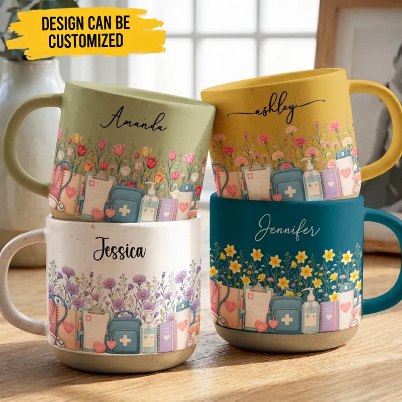 Custom Birth Flower & Name Pottery Mug - Gift For Nurse - Personalized Mug
