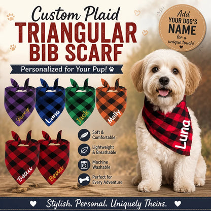 Custom Plaid Triangular Bib Scarf - Personalized Dog Name Bandana - Gift for Dog Lovers