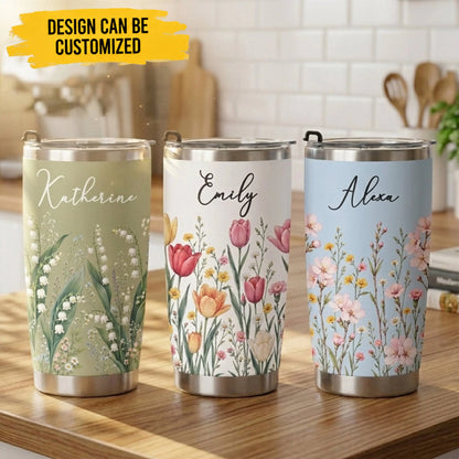 Custom Birth Flower & Name Tumbler-Personalized Gift For Friends, Coworkers, Daughters, Sisters
