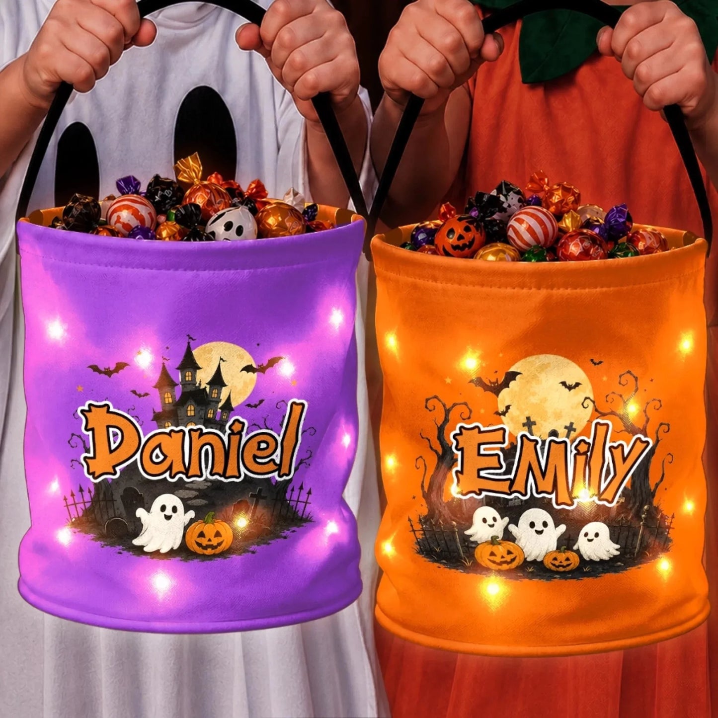 Custom LED Light Bucket Bag - Personalized Halloween Birthday Gifts For Kids - Tiny Tricksters