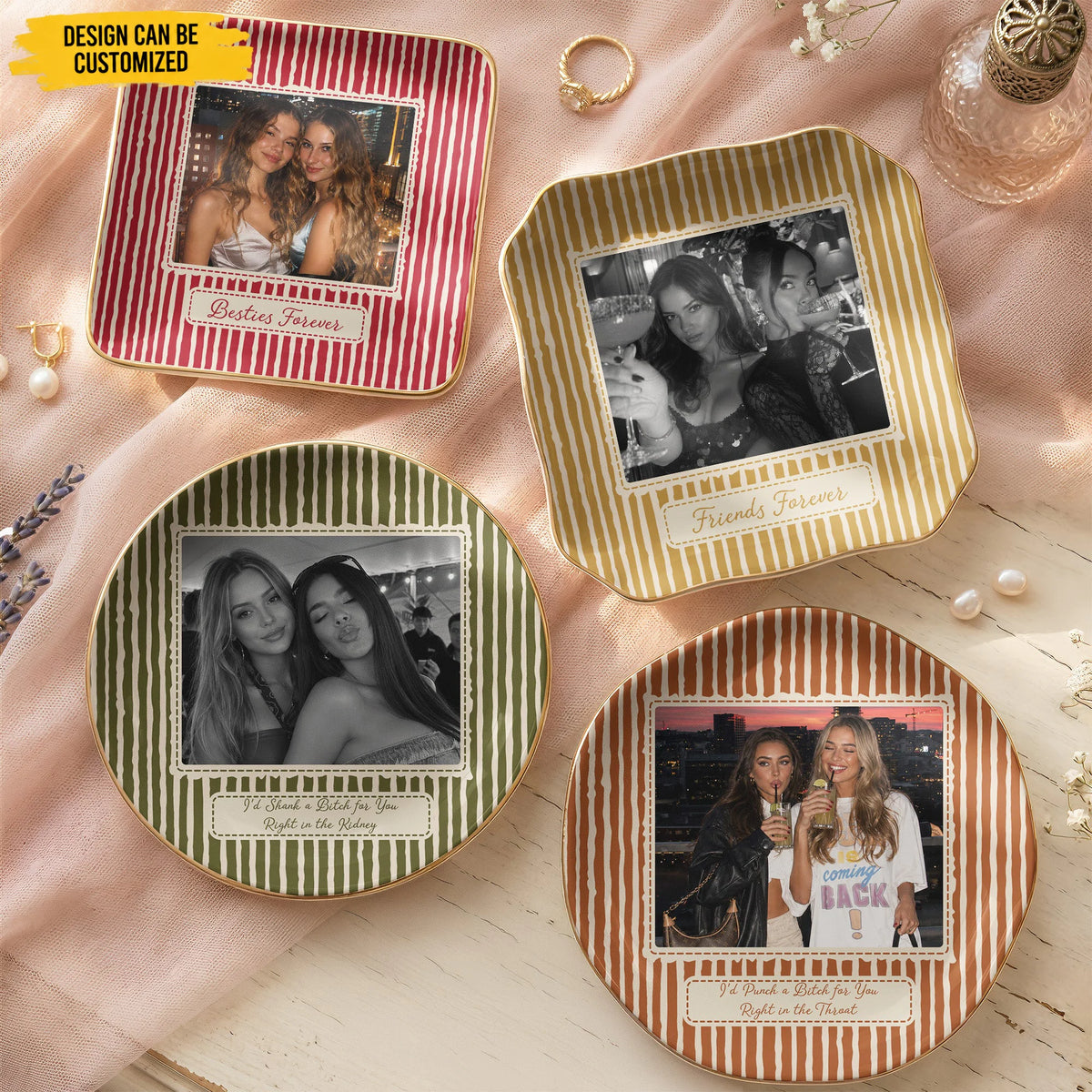 Best Friend Photo Trinket Tray - Birthday Gifts For Bestie, Sister - Vintage Stripe - Personalized Jewelry Dish