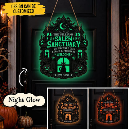 Custom Layered Wood Sign - Personalized Salem Sanctuary Night Glow Halloween Decor For Cat Lovers, Witch Enthusiasts, Horror Fans - My Salem Sanctuary