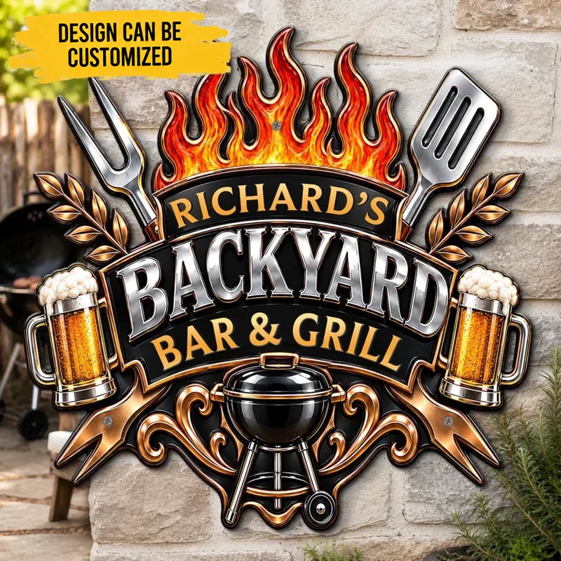 Custom BBQ Shaped Metal Sign - Personalized Grilling Gifts For BBQ Lovers, Husband, Son, Grandson, Brother, Grandpa, Dad, Yourself - Welcome To My Backyard Grill