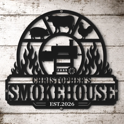 Custom BBQ Shaped Metal Sign - Personalized Grilling Gifts For BBQ Lovers, Husband, Son, Grandson, Brother, Grandpa, Dad, Yourself - Smokin Hot Flavor Everyday Here