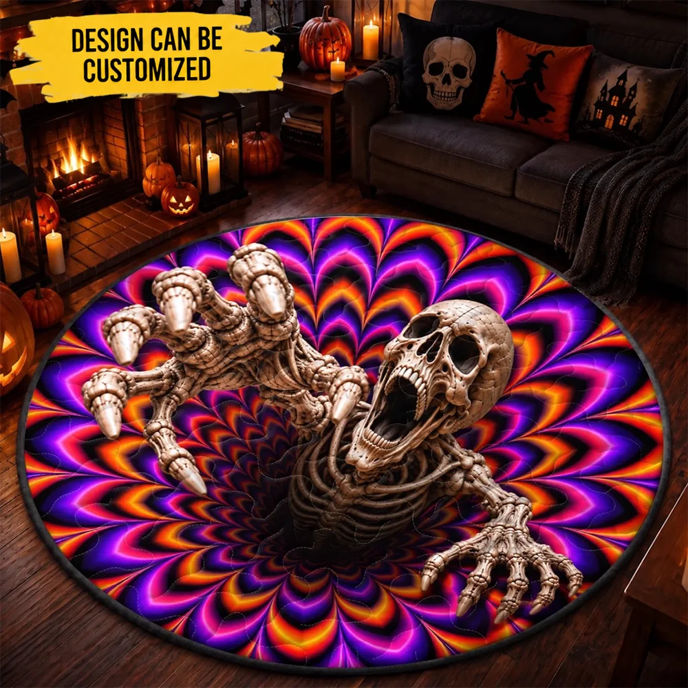 Custom 3D Skeleton Vortex Quilted Round Mat - Personalized Halloween Decor Birthday Gifts For Mom, Dad, Brother, Sister - Chills Thrills And Good Times
