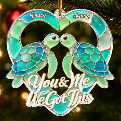 Custom Sea Glass Acrylic Ornament - Personalized Anniversary Christmas Wedding Gifts For Husband And Wife, Him And Her - Sea Turtle Love Story
