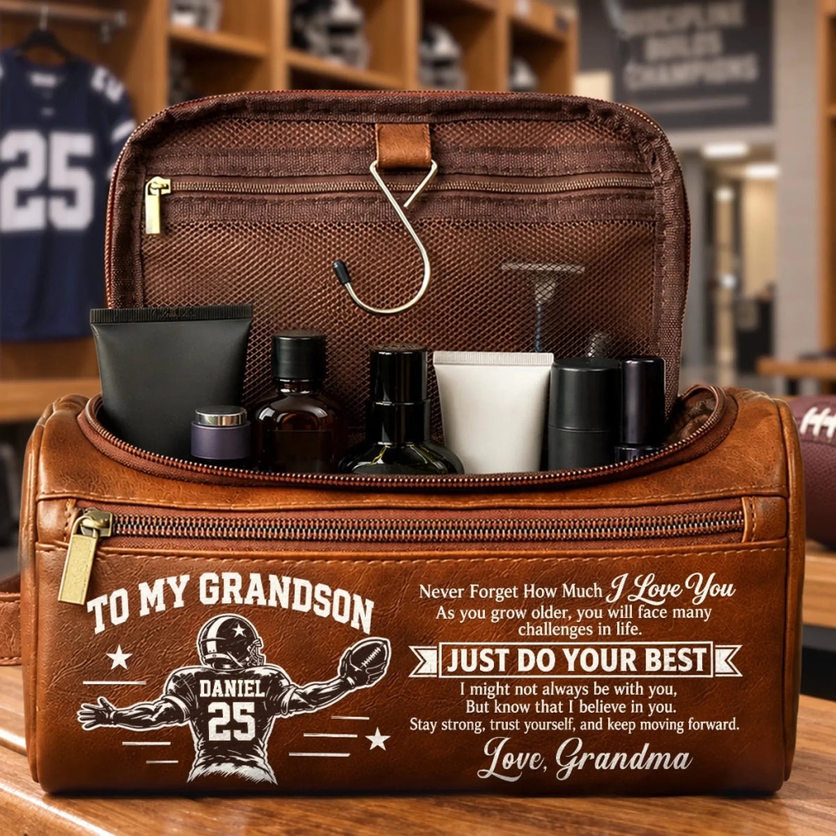 Custom America Football Leather Toiletry Bag - Personalized Birthday Gifts For Son, Grandson, America Football Lovers, Sports Fans, Sports Lovers - Play With Heart Every Time