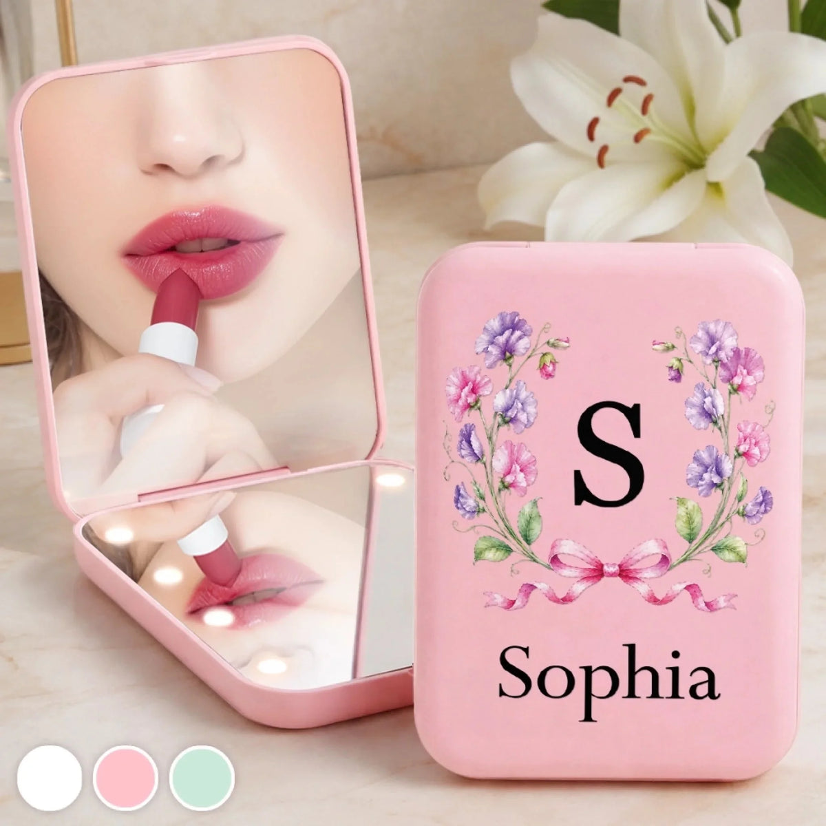 Custom LED Compact Makeup Mirror - Personalized Name Floral Monogram Gifts for Women