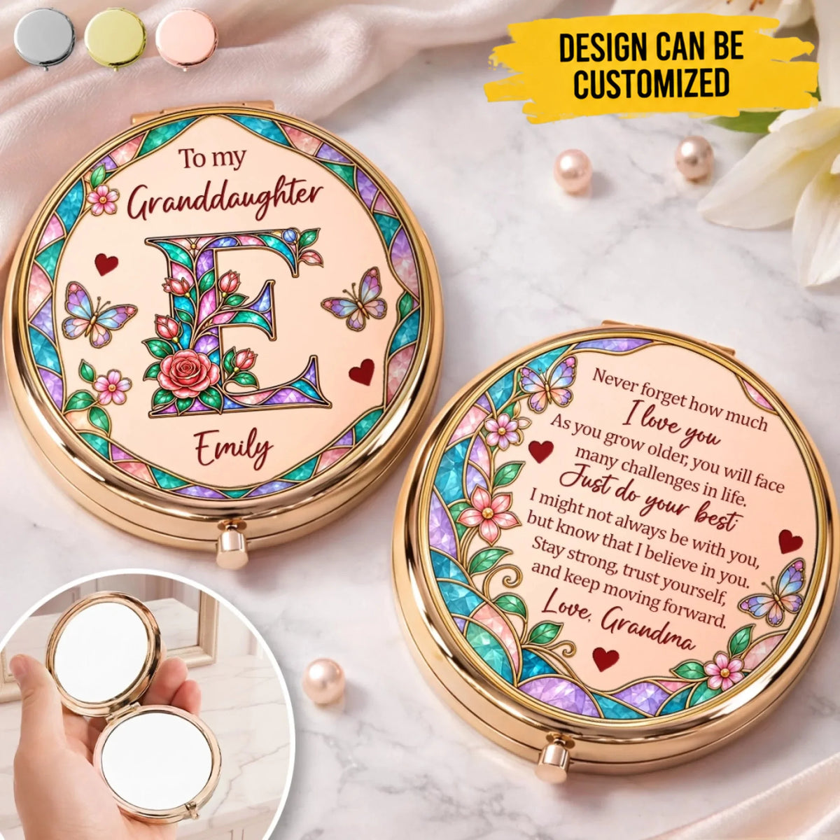 Custom Name Floral Encouragement Gifts for Daughter and Granddaughter - Personalized Compact Mirror