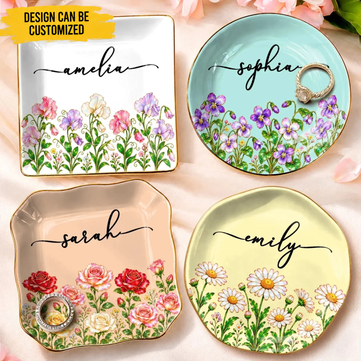 Custom Name Garden Flower Keepsake Gifts For Women - Personalized Jewelry Dish