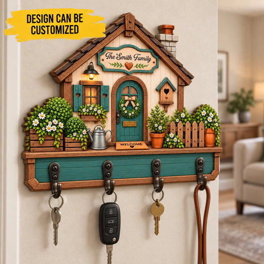 Custom Family Name Cottage Home Decor Gifts For Family - Personalized Wooden Key Holder - Home Sweet Home