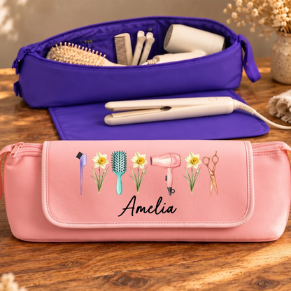Custom Name Floral Hair Styling Gifts for Women - Personalized Hair Tools Travel Bag