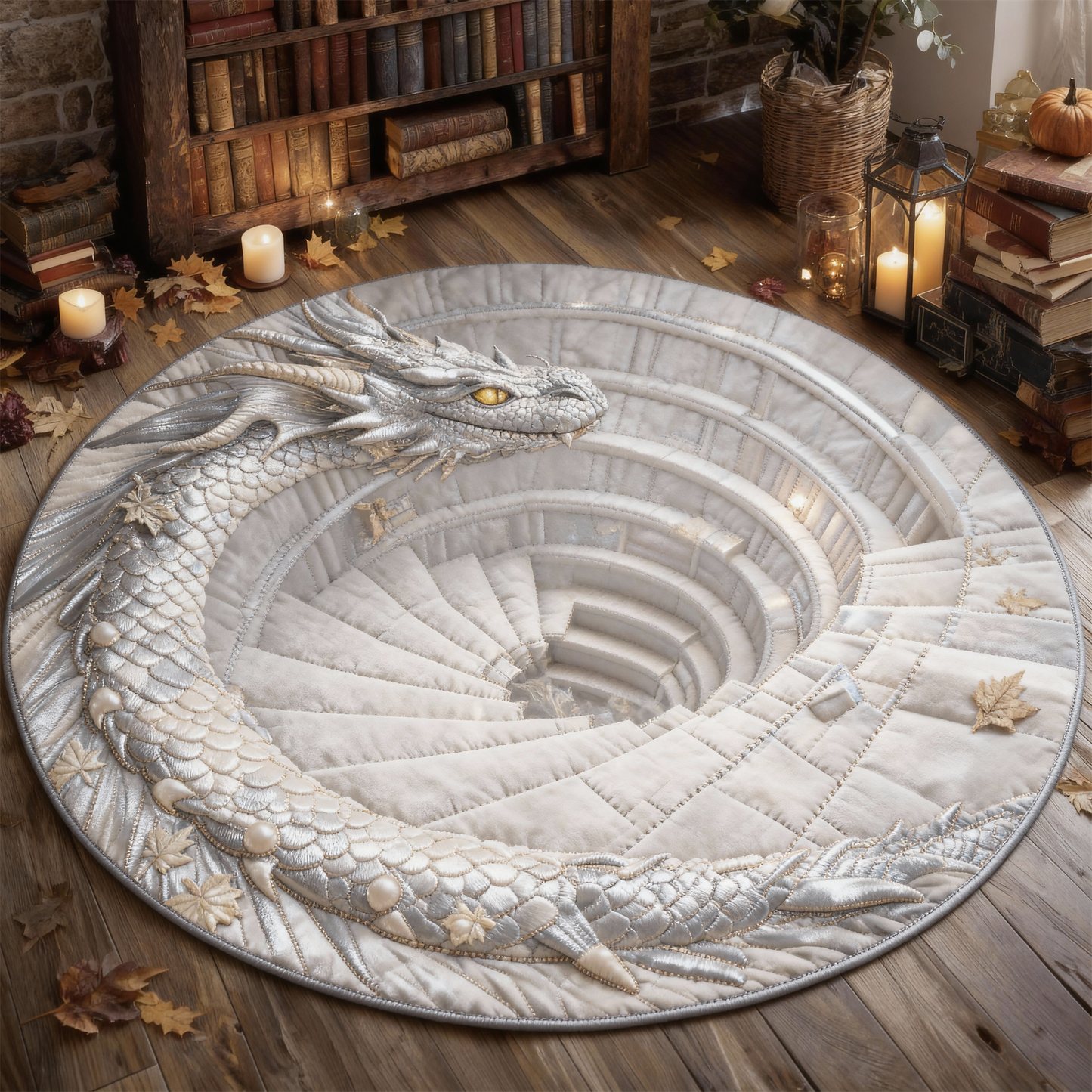 Silver Spiral Watcher Dragon Round Mat – Sophistication in Every Detail
