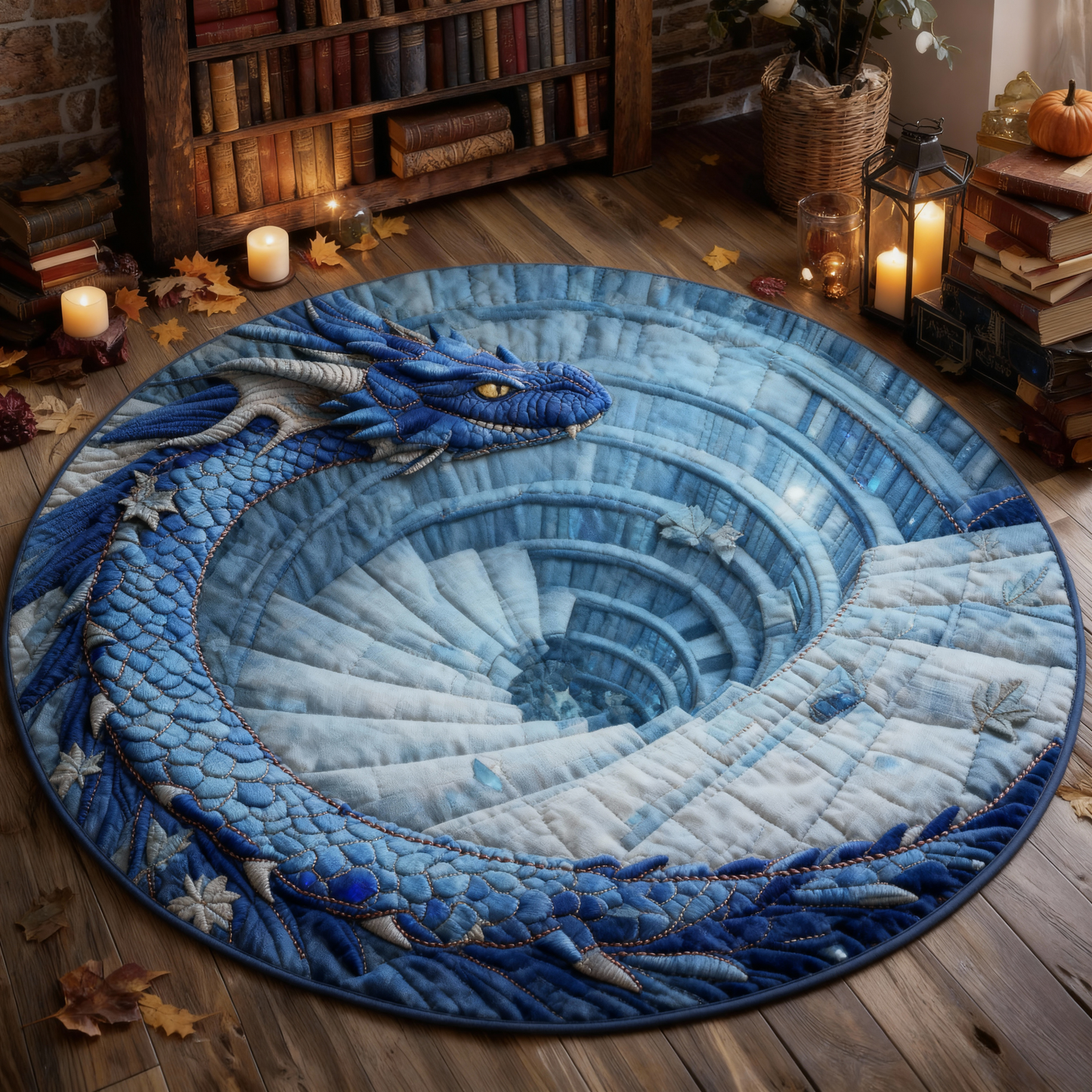 Mystical Blue Spiral Watcher Dragon Round Mat – Enchant Your Space