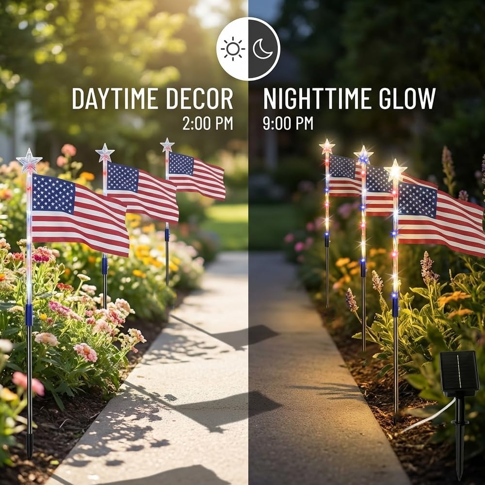 🔥LAST DAY 49% OFF🔥 8 Solar American Flag Pathway Lights Red White & Blue | 4th of July Yard Decor