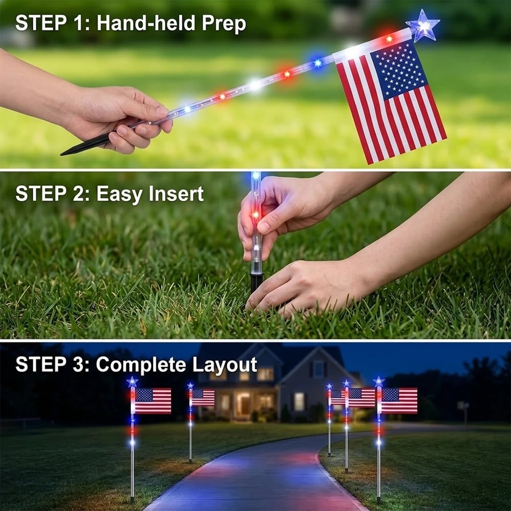 🔥LAST DAY 49% OFF🔥 8 Solar American Flag Pathway Lights Red White & Blue | 4th of July Yard Decor