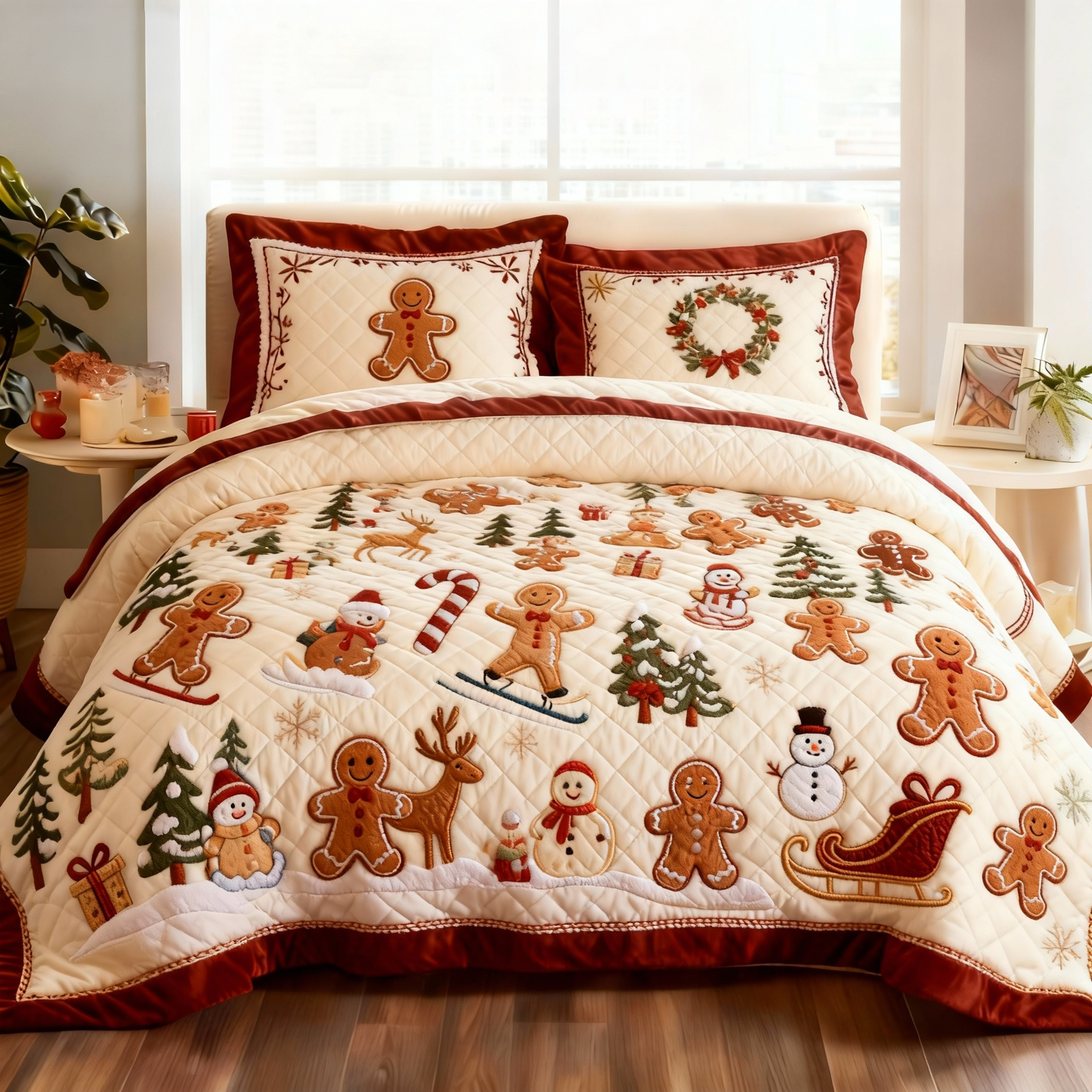 Christmas Gingerbread And Snowman Themed 3-Piece Quilted Bedding Set